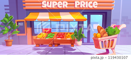 Grocery store exterior with cart on sidewalk. Grocery store exterior with cart on sidewalk. 119430107