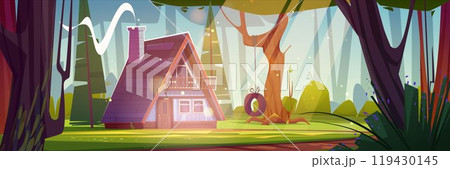Small wooden house on glade in spring forest Small wooden house on glade in spring forest 119430145