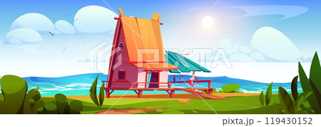 Small wooden fishing hut on coast of sea or ocean. 119430152