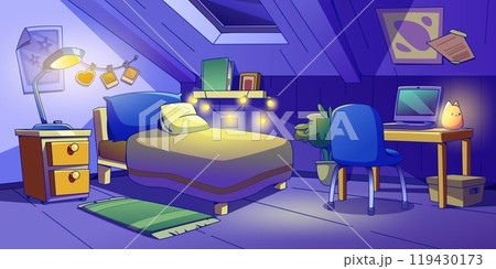 Attic bedroom interior at night 119430173