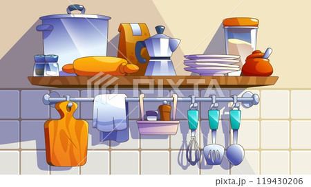 Kitchenware on shelf hanging on tiled wall Kitchenware on shelf hanging on tiled wall 119430206