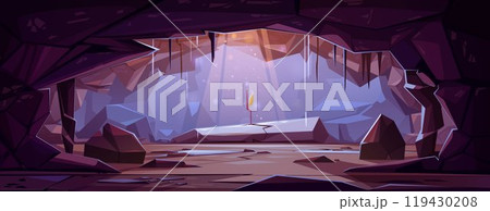 Interior of dark underground cave with grow plant Interior of dark underground cave with grow plant 119430208