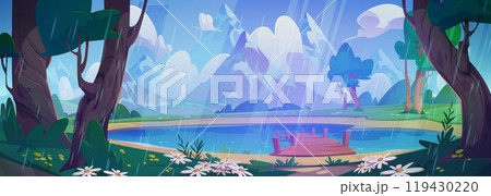 Summer rainy landscape with wooden pier on lake 119430220