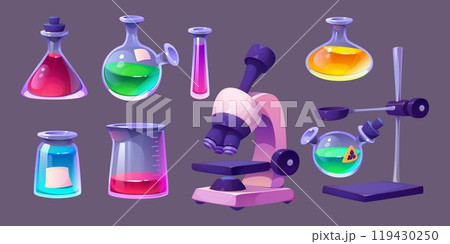 Chemical lab microscope and flasks set 119430250