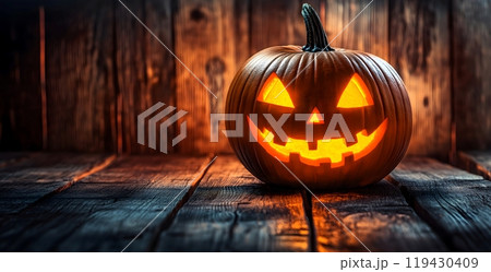 Scary carved pumpkin with candle on an old wooden table with light smoke on a wooden background creating a Halloween atmosphere 119430409