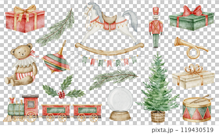 Christmas Baby Toys watercolor clip art. Illustration of retro vintage rocking horse and fir tree for childish New Year greeting cards or Xmas invitations. Drawing of Teddy bear and presents. 119430519