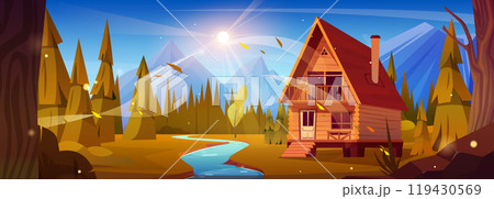 Wooden house in forest near river and mountains. Wooden house in forest near river and mountains. 119430569