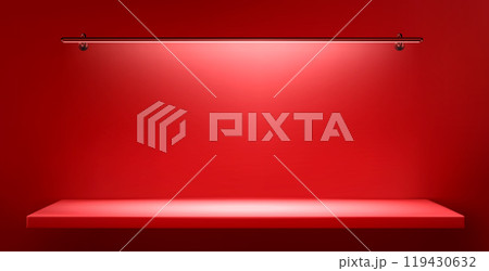 Red wall background with shelf and long lamp light 119430632