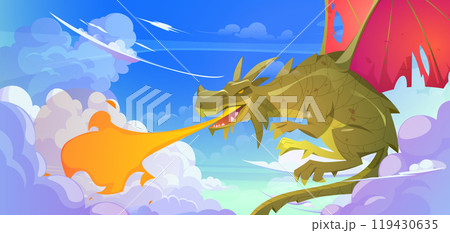 Fantasy dragon breathing with fire in blue sky Fantasy dragon breathing with fire in blue sky 119430635