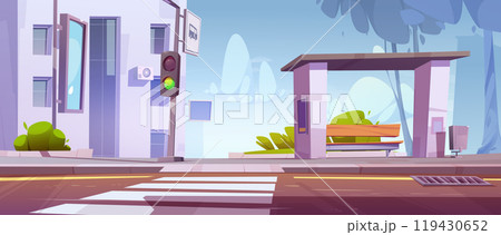 City street with bus stop bench and road crossing City street with bus stop bench and road crossing 119430652