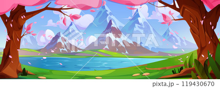 Pink flowering trees near lake and mountains 119430670