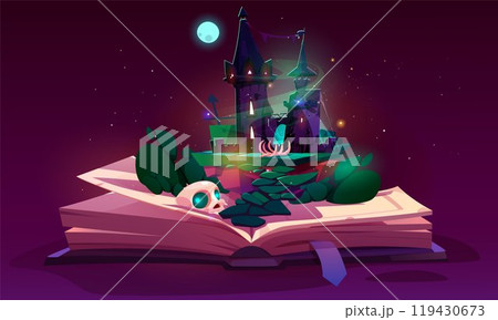 Open fairytale book with magic spooky witch house 119430673