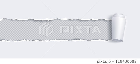 Paper banner with torn hole and rolled edge. 119430688