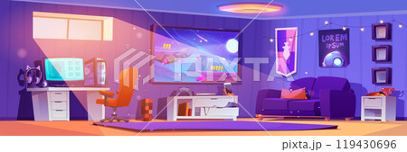 Video game room interior for playing and streaming 119430696