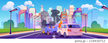 Car accident on city road near high rise buildings 119430712