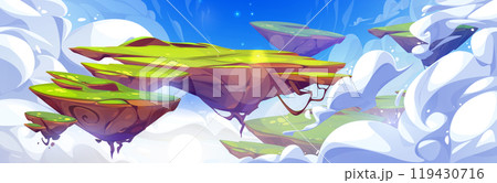 Ground islands with grass float in sky with clouds 119430716