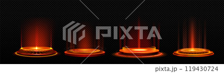 Magic portal with round podium and red glow beams. Magic portal with round podium and red glow beams. 119430724