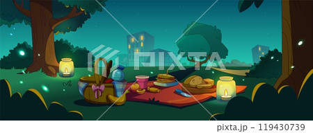 Romantic picnic in city public park in night Romantic picnic in city public park in night 119430739