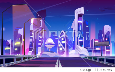 Road leads to futuristic night city. 119430765