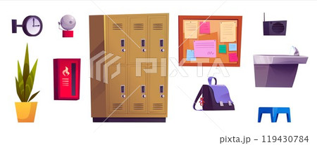 School hallway cartoon interior elements set 119430784