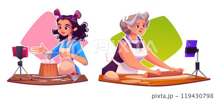 Female food bloggers cooking pastry on camera 119430798