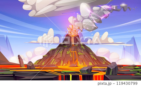 Volcanic lava eruption cartoon vector background 119430799