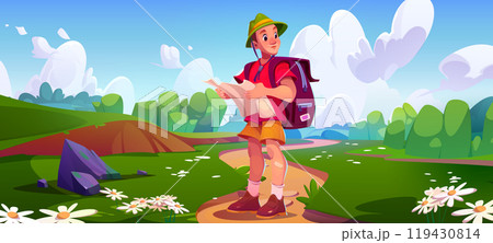 Male tourist with backpack and map in hands Male tourist with backpack and map in hands 119430814