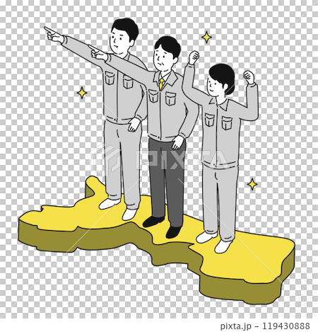 鳥取県で働くイメージイラスト、笑顔の作業服の男女 119430888