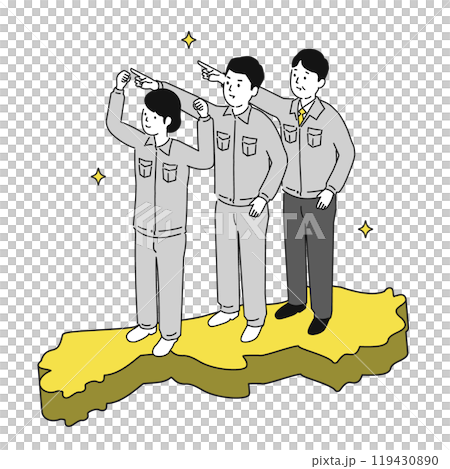 在島根縣工作的穿著工作服的微笑男女的圖像插圖 119430890