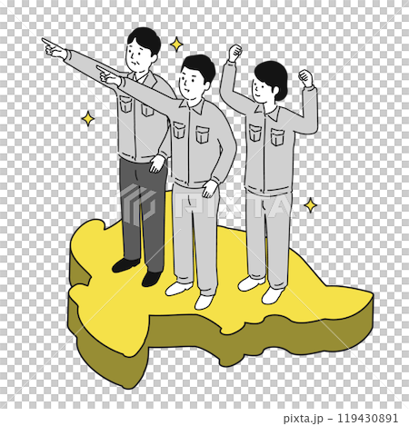 佐賀県で働くイメージイラスト、笑顔の作業服の男女 佐賀県で働くイメージイラスト、笑顔の作業服の男女 119430891