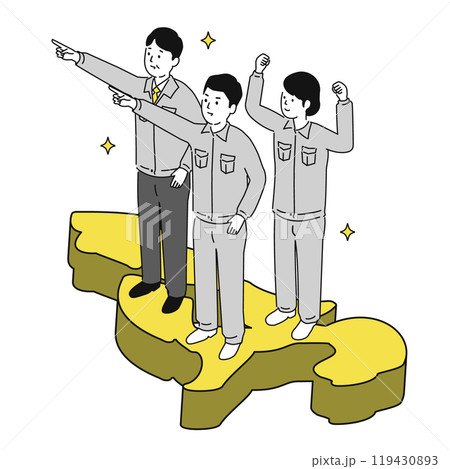 長崎県で働くイメージイラスト、笑顔の作業服の男女 119430893