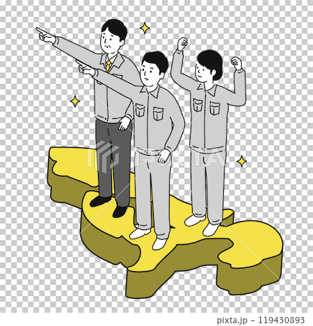 長崎県で働くイメージイラスト、笑顔の作業服の男女 119430893