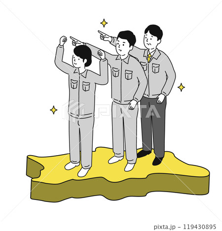 香川県で働くイメージイラスト、笑顔の作業服の男女 119430895