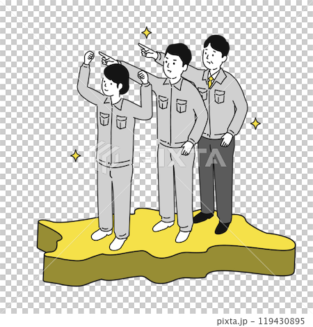 香川県で働くイメージイラスト、笑顔の作業服の男女 119430895