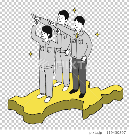 愛媛県で働くイメージイラスト、笑顔の作業服の男女 119430897