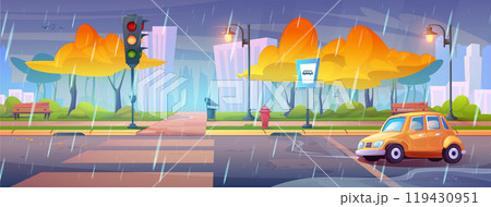 Autumn city road in rainy weather 119430951