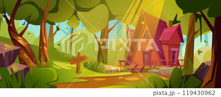 Wooden house in sunny forest 119430962