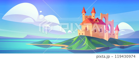 Fairytale castle on island in sea or lake. 119430974
