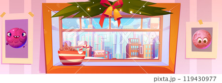 Window of room with xmas decor and view on city 119430977
