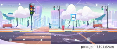 Cartoon winter city street landscape with sidewalk 119430986