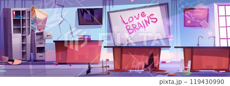 Abandoned chemistry classroom, broken equipment 119430990