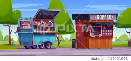 Street food and drink stalls in summer park Street food and drink stalls in summer park 119431028