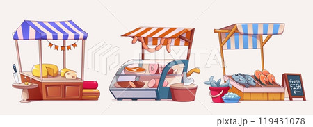 Set of market stalls selling fresh food 119431078