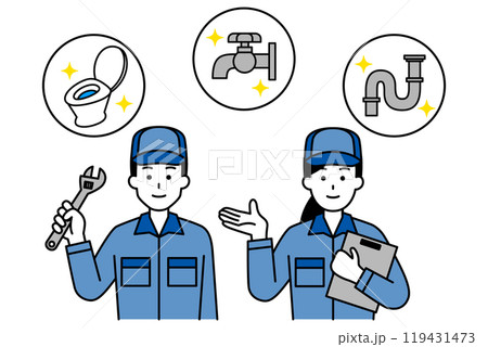 水回りのトラブルを解決するつなぎ作業服の男女 119431473