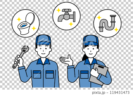水回りのトラブルを解決するつなぎ作業服の男女 119431473