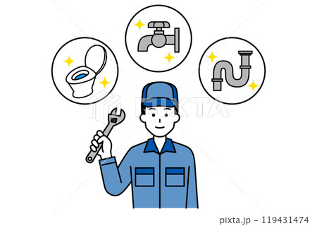 水回りのトラブルを解決するつなぎ作業服の男性 水回りのトラブルを解決するつなぎ作業服の男性 119431474