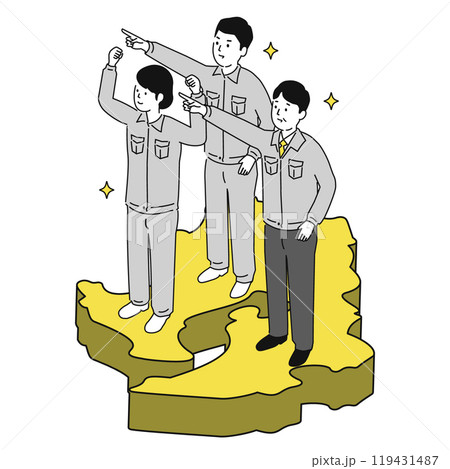 鹿児島県で働くイメージイラスト、笑顔の作業服の男女 鹿児島県で働くイメージイラスト、笑顔の作業服の男女 119431487