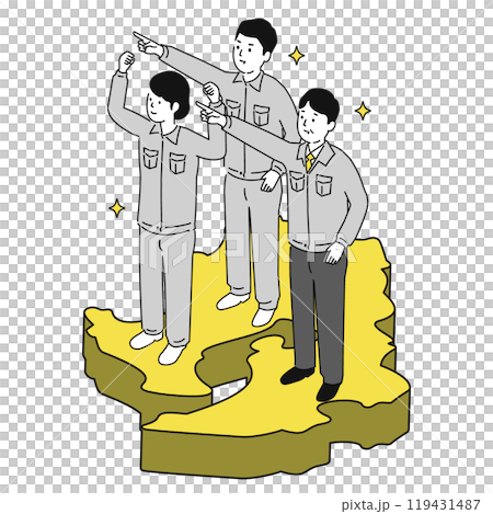 鹿児島県で働くイメージイラスト、笑顔の作業服の男女 鹿児島県で働くイメージイラスト、笑顔の作業服の男女 119431487