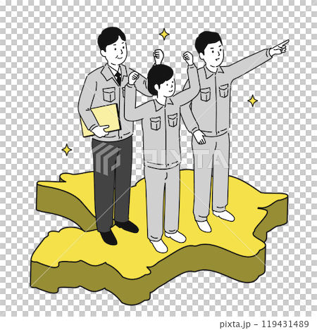 福岡県で働くイメージイラスト、笑顔の作業服の男女 119431489