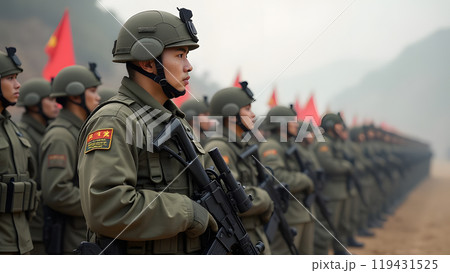 squad of equipped asian appearance soldiers, generative ai 119431525